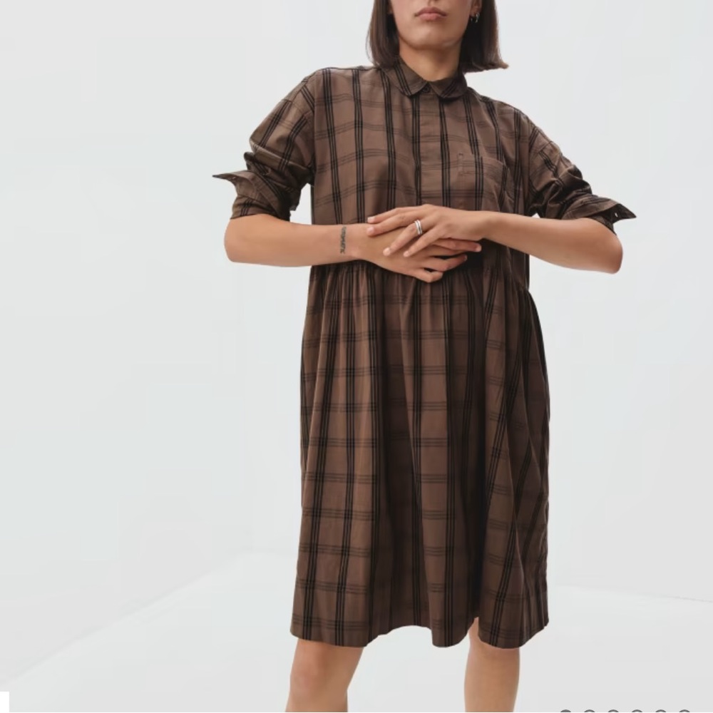 Everlane the field dress in coffee brown plaid prints